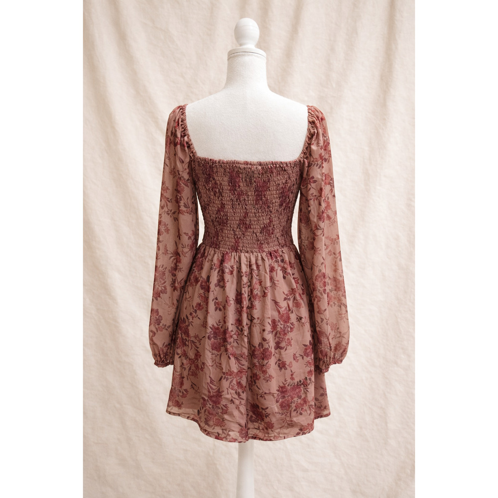 Romantic Cottagecore Floral Top Milkmaid Ruched Whimsy Boho Peplum Sheer Dress S - Picture 2 of 11